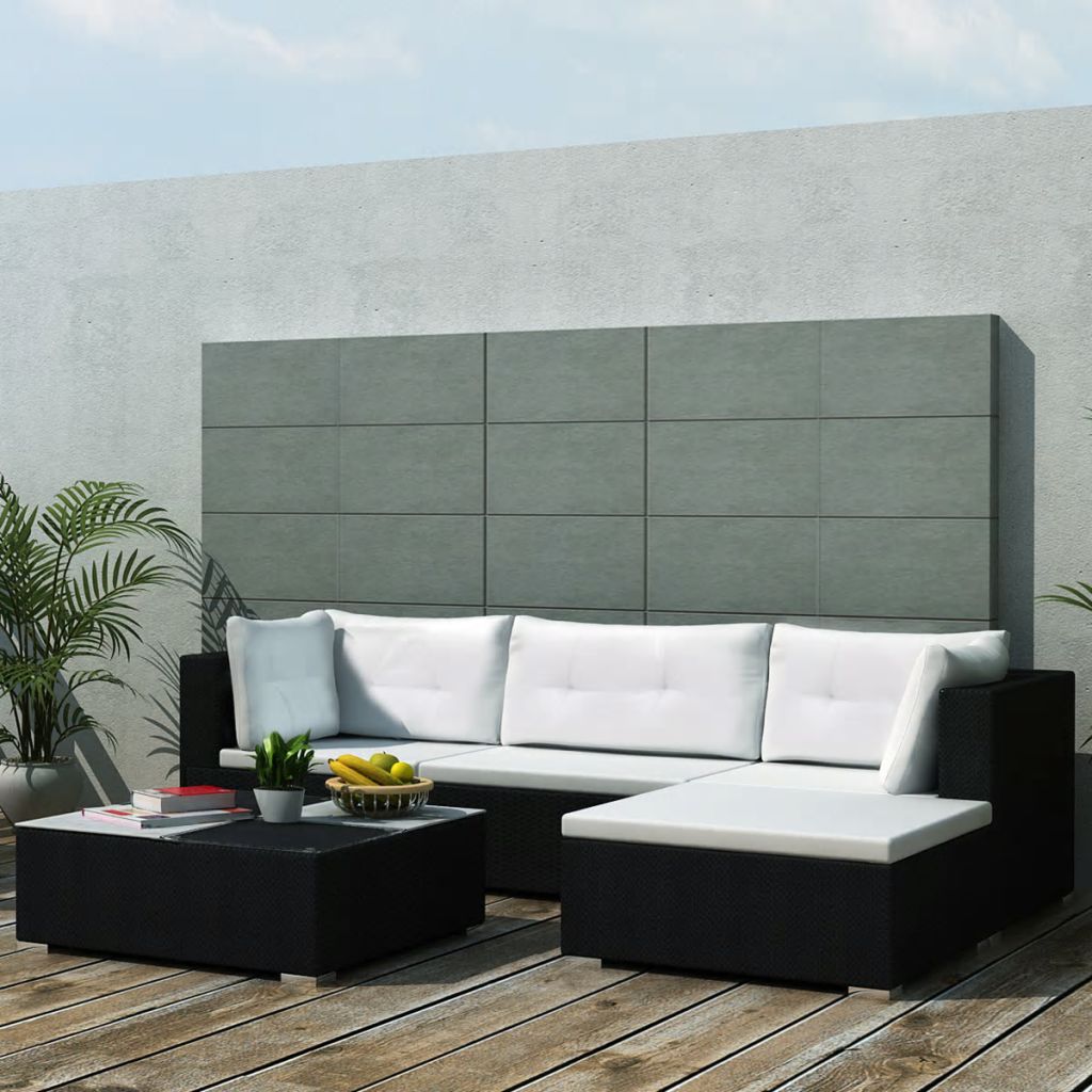 5-tlg. Garten-Lounge-Set mit Auflagen Poly Rattan Schwarz 5-tlg. Garten-Lounge-Set mit Auflagen Poly Rattan Schwarz