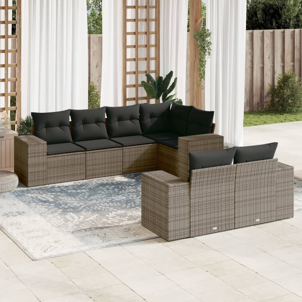 7-tlg. Garten-Sofagarnitur mit Kissen Grau Poly Rattan