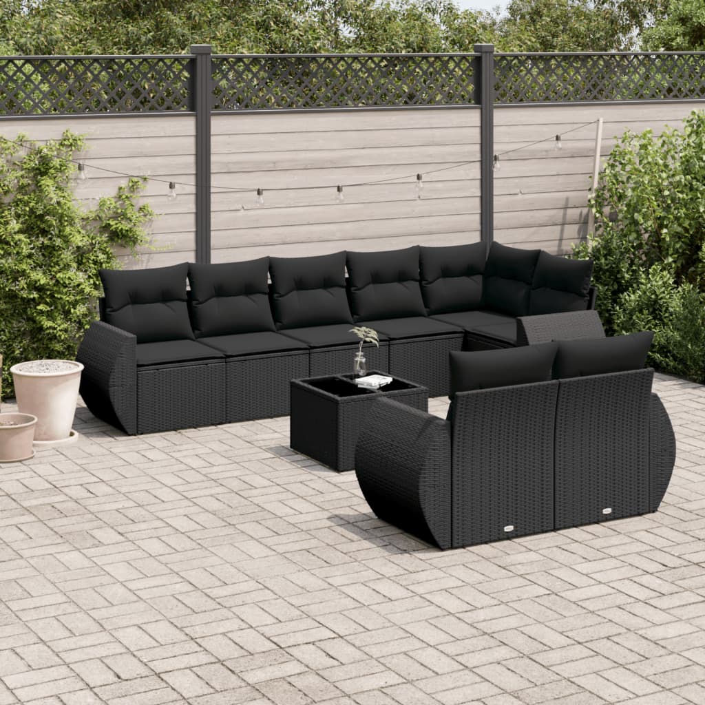9-tlg. Garten-Sofagarnitur mit Kissen Schwarz Poly Rattan 9-tlg. Garten-Sofagarnitur mit Kissen Schwarz Poly Rattan