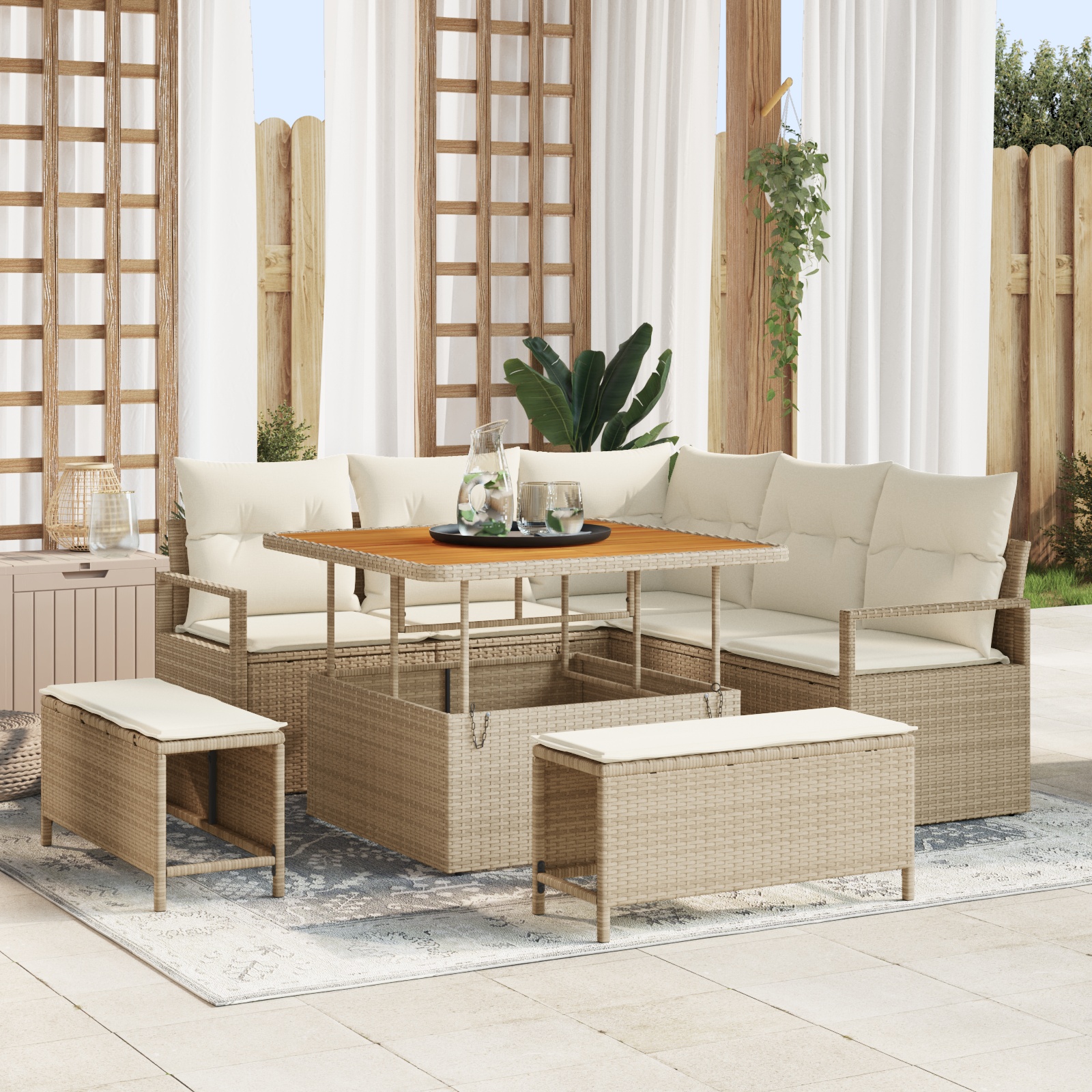 8-teiliges Garten Sofa Set mit Kissen Beige Poly Rattan Akazie 8-teiliges Garten Sofa Set mit Kissen Beige Poly Rattan Akazie
