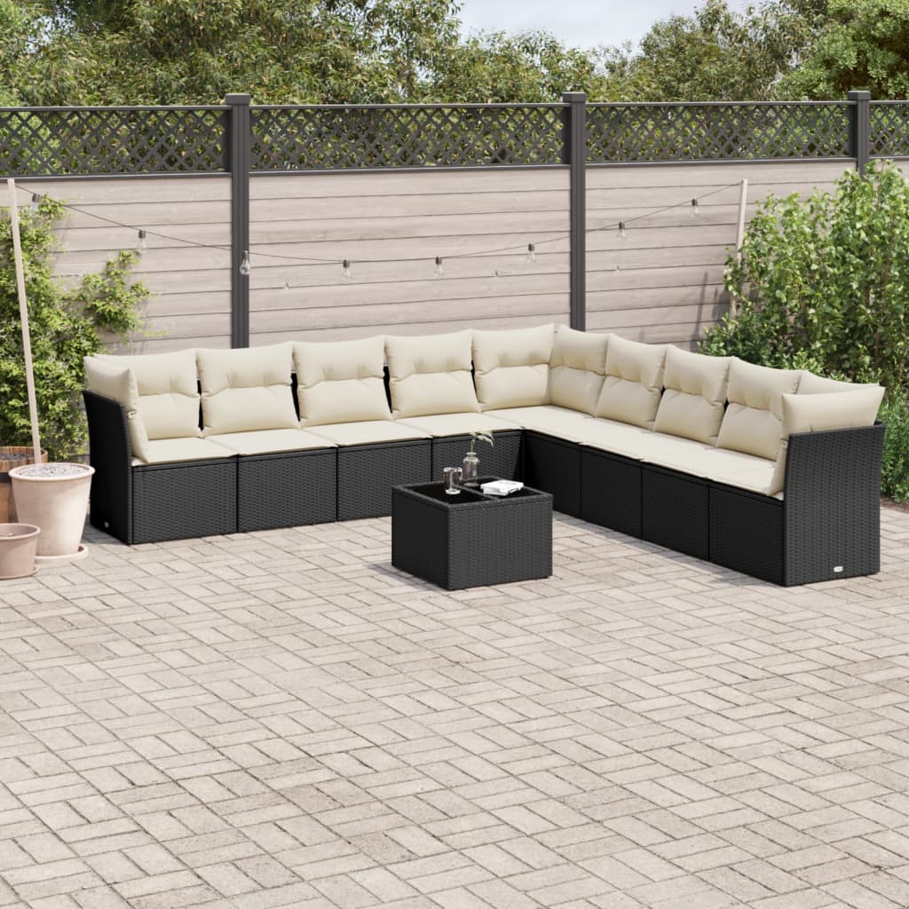 10-tlg. Garten-Sofagarnitur mit Kissen Schwarz Poly Rattan 10-tlg. Garten-Sofagarnitur mit Kissen Schwarz Poly Rattan