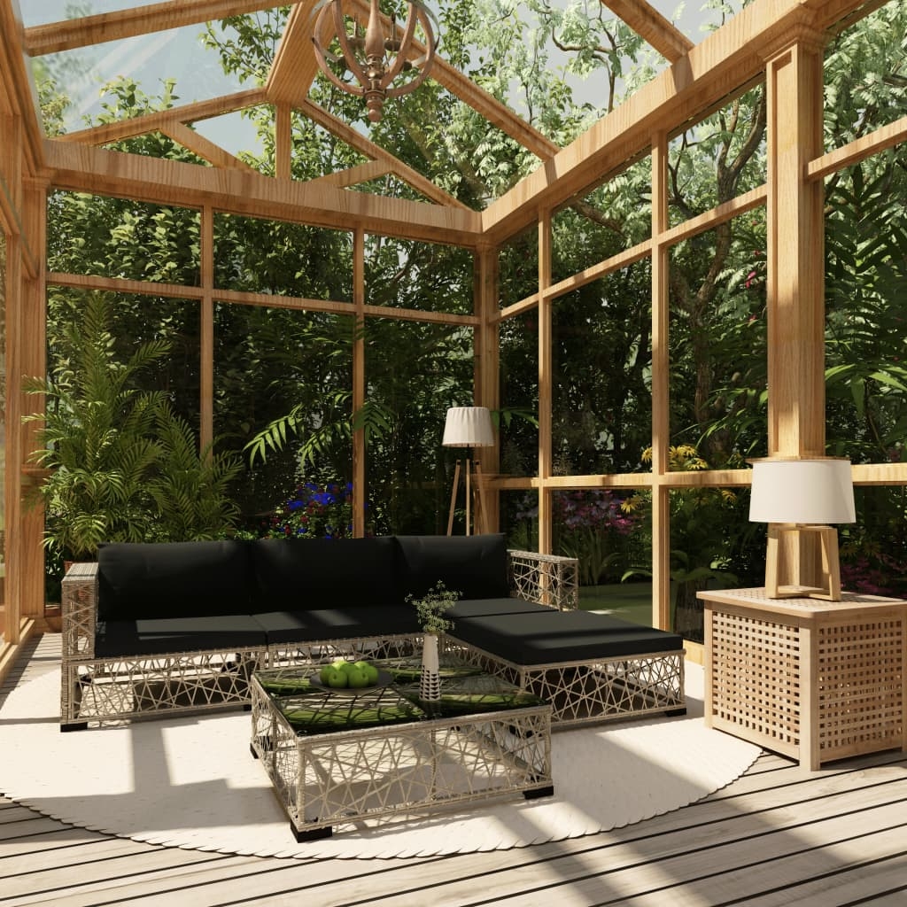 5-tlg. Garten-Lounge-Set mit Kissen Poly Rattan Grau 5-tlg. Garten-Lounge-Set mit Kissen Poly Rattan Grau