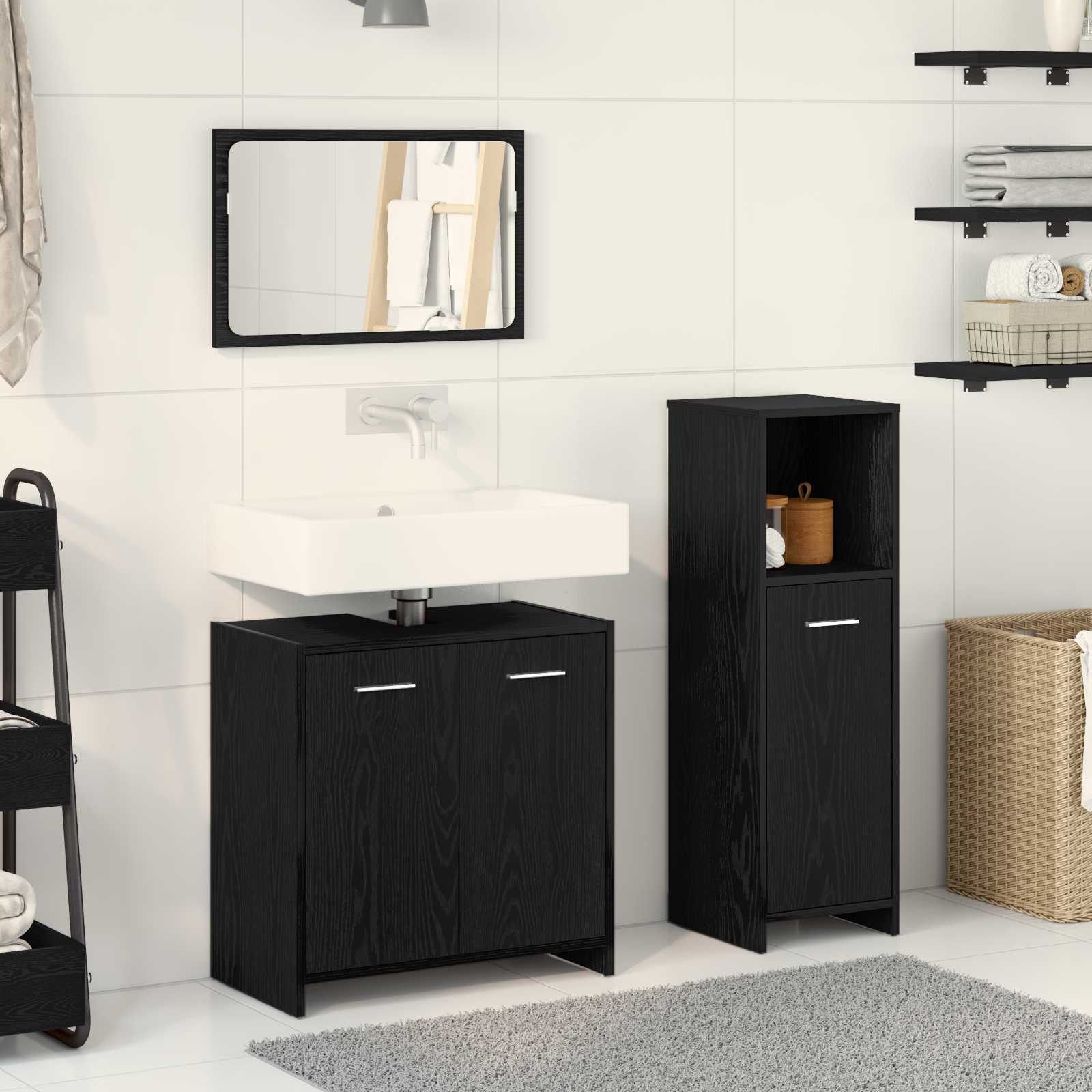 3-teiliges Badezimmermöbel-Set Schwarz-Eiche Holzwerkstoff 3-teiliges Badezimmermöbel-Set Schwarz-Eiche Holzwerkstoff