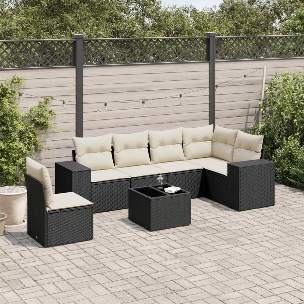 7-tlg. Garten-Sofagarnitur mit Kissen Schwarz Poly Rattan 7-tlg. Garten-Sofagarnitur mit Kissen Schwarz Poly Rattan