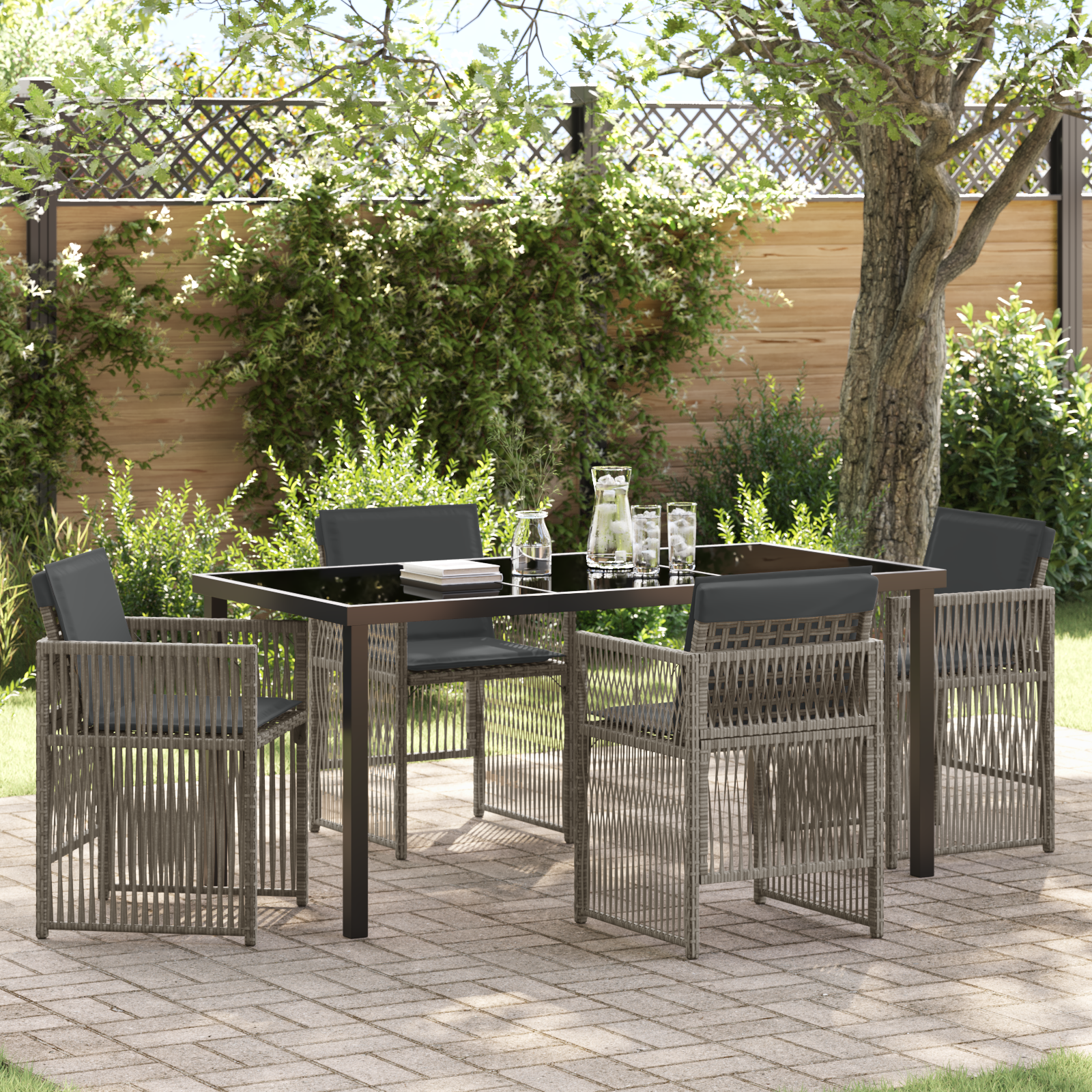 5-teilige Garten Essgruppe mit Kissen Grau Poly Rattan 5-teilige Garten Essgruppe mit Kissen Grau Poly Rattan
