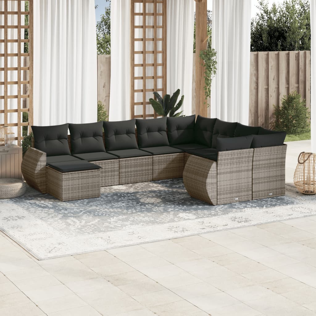 10-tlg. Garten-Sofagarnitur mit Kissen Grau Poly Rattan 10-tlg. Garten-Sofagarnitur mit Kissen Grau Poly Rattan