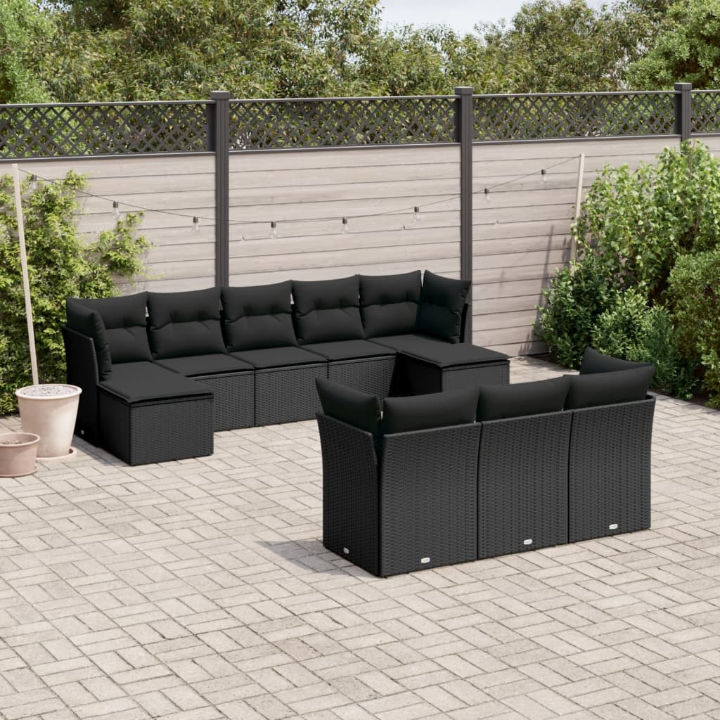 10-tlg. Garten-Sofagarnitur mit Kissen Schwarz Poly Rattan 10-tlg. Garten-Sofagarnitur mit Kissen Schwarz Poly Rattan
