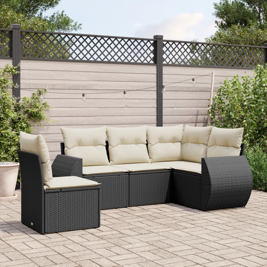 5-tlg. Garten-Sofagarnitur mit Kissen Schwarz Poly Rattan 5-tlg. Garten-Sofagarnitur mit Kissen Schwarz Poly Rattan