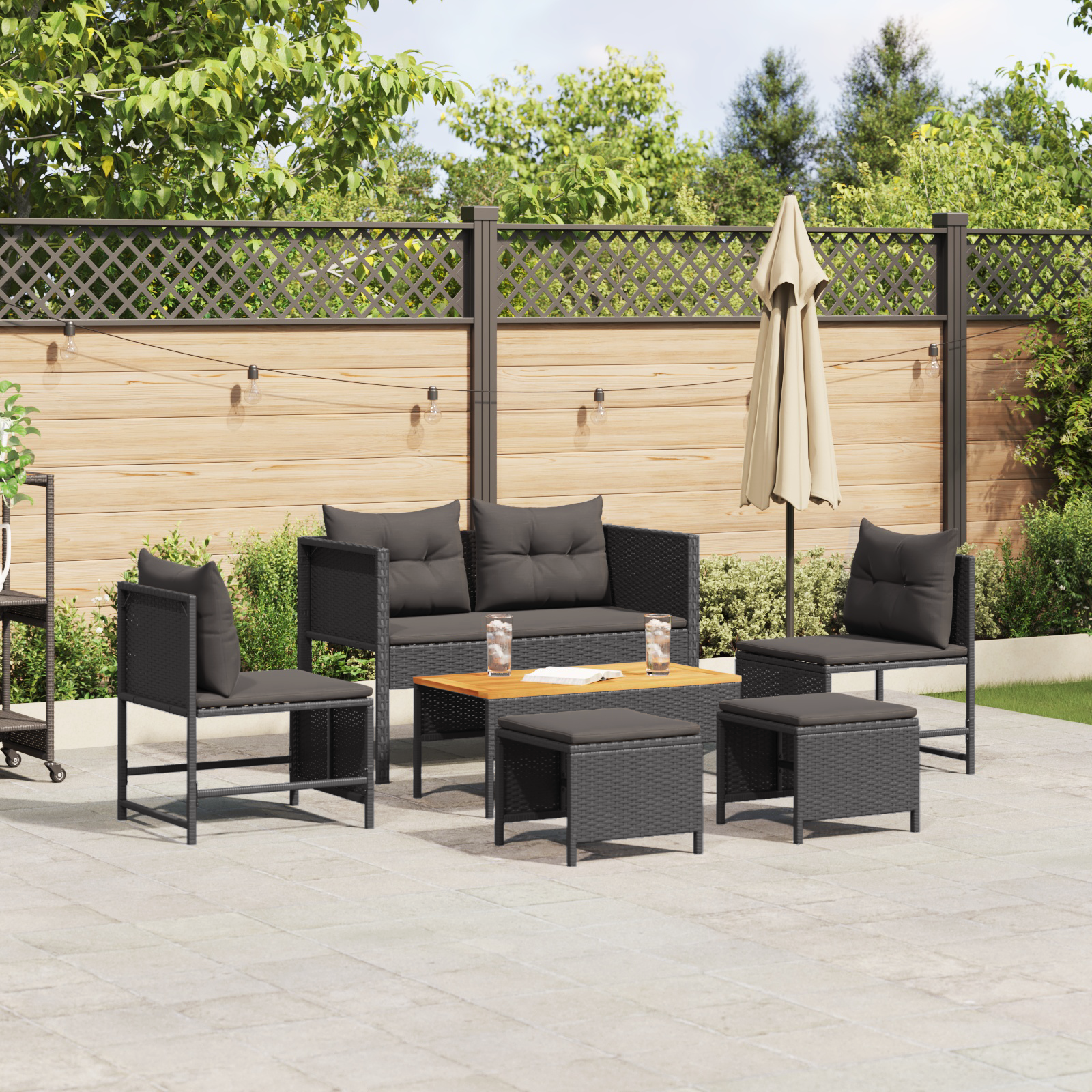 Outdoor-Sofa-Set - Schwarz Rattan, Holz Mittel Langlebig Outdoor-Sofa-Set - Schwarz Rattan, Holz Mittel Langlebig