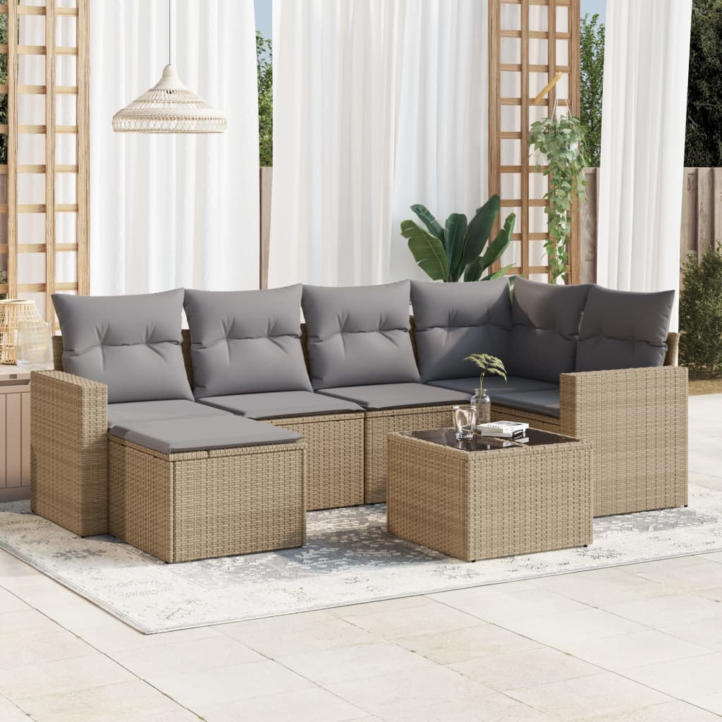 7-tlg. Garten-Sofagarnitur mit Kissen Beige Poly Rattan 7-tlg. Garten-Sofagarnitur mit Kissen Beige Poly Rattan
