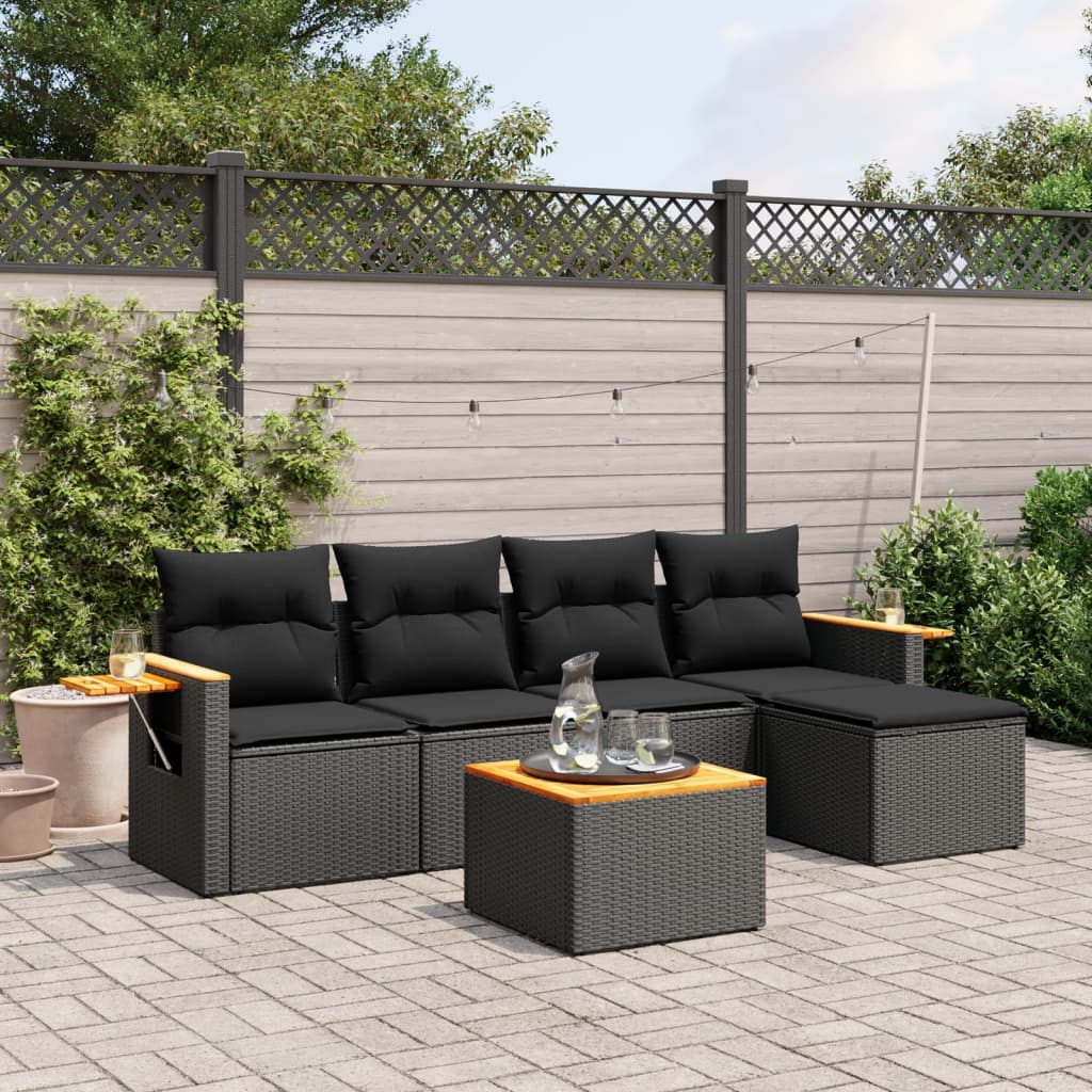 6-tlg. Garten-Sofagarnitur mit Kissen Schwarz Poly Rattan 6-tlg. Garten-Sofagarnitur mit Kissen Schwarz Poly Rattan