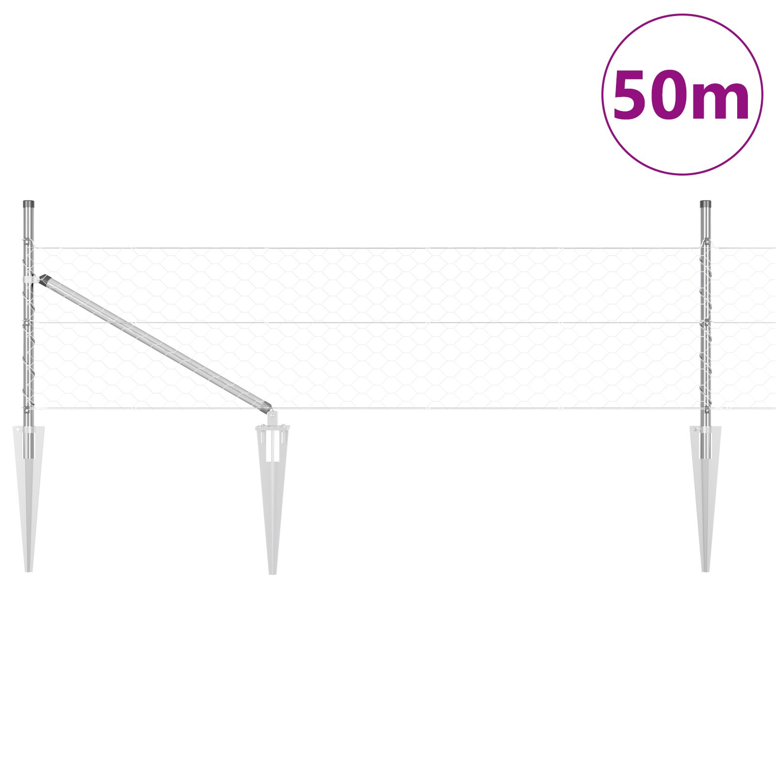 Sechseckzaun 0.8x50 m Feuerverzinkter Stahl, Zaunpfähle mit Spike 13 Stück Ø32 mm 100 cm Feuerverzinkter Stahl
