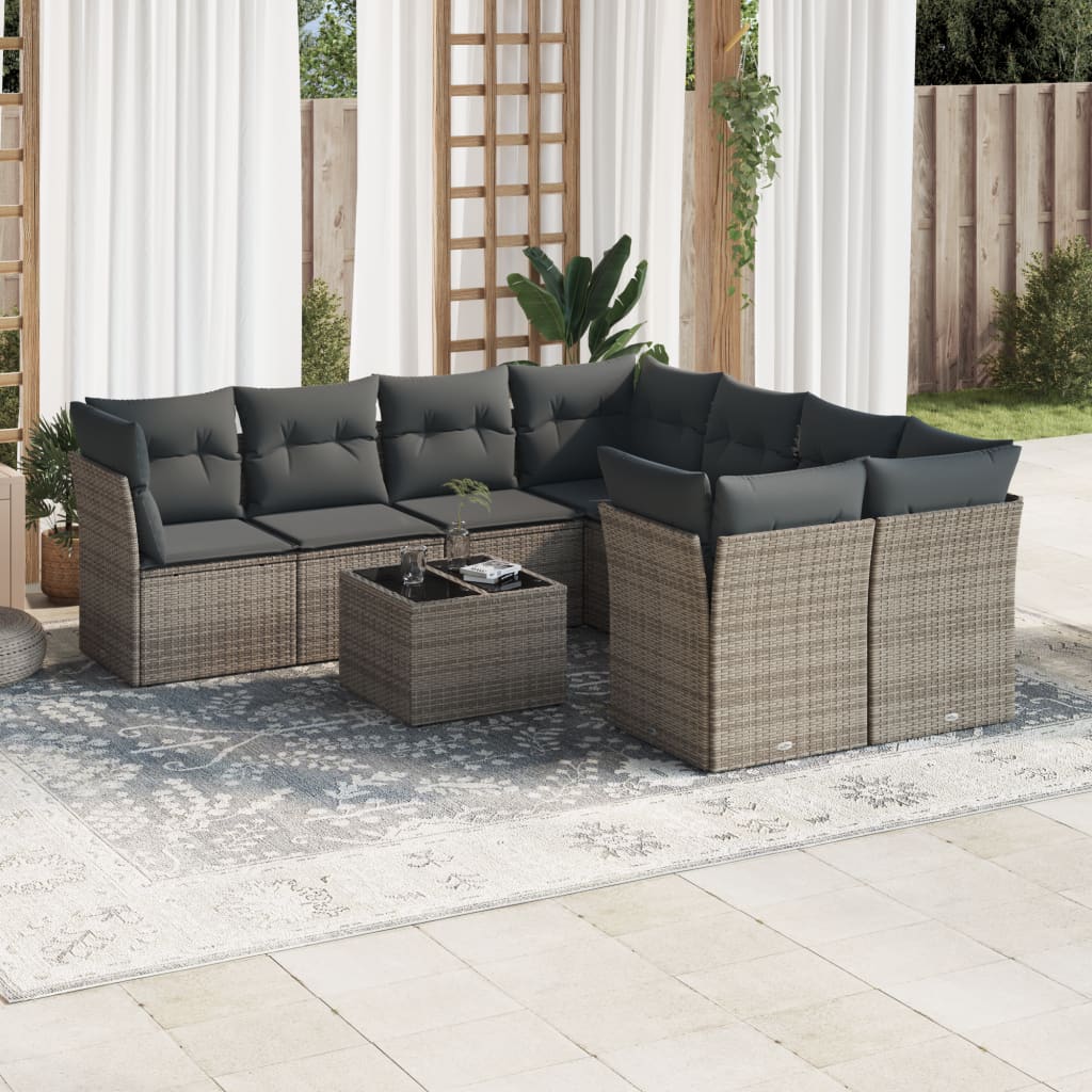 9-tlg. Garten-Sofagarnitur mit Kissen Grau Poly Rattan 9-tlg. Garten-Sofagarnitur mit Kissen Grau Poly Rattan