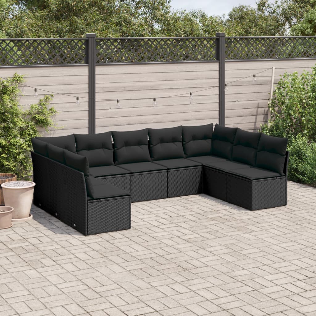 9-tlg. Garten-Sofagarnitur mit Kissen Schwarz Poly Rattan 9-tlg. Garten-Sofagarnitur mit Kissen Schwarz Poly Rattan