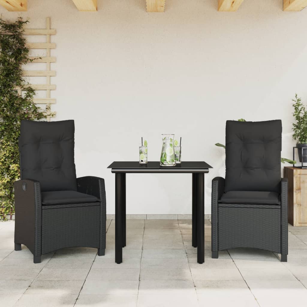 3-tlg. Garten-Essgruppe mit Kissen Schwarz Poly Rattan