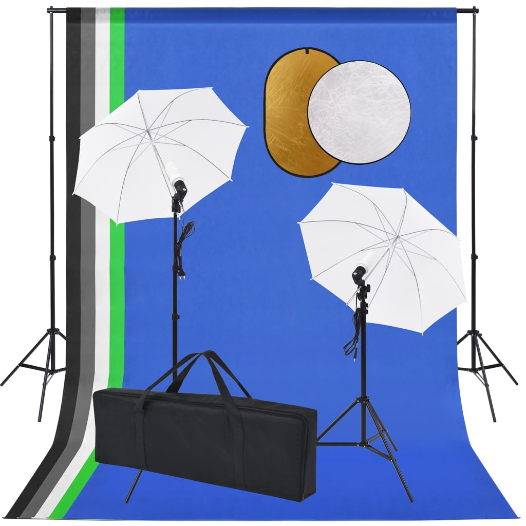 Fotostudio-Set mit Lampen, Schirmen, Hintergrund, Reflektor Fotostudio-Set mit Lampen, Schirmen, Hintergrund, Reflektor