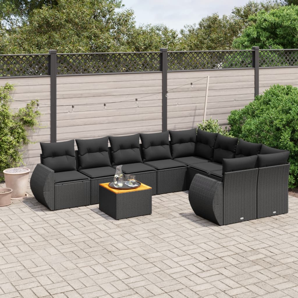 9-tlg. Garten-Sofagarnitur mit Kissen Schwarz Poly Rattan