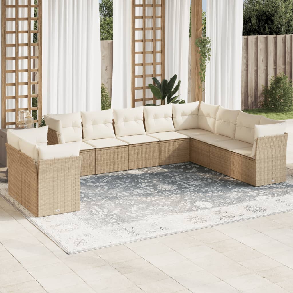 10-tlg. Garten-Sofagarnitur mit Kissen Beige Poly Rattan 10-tlg. Garten-Sofagarnitur mit Kissen Beige Poly Rattan