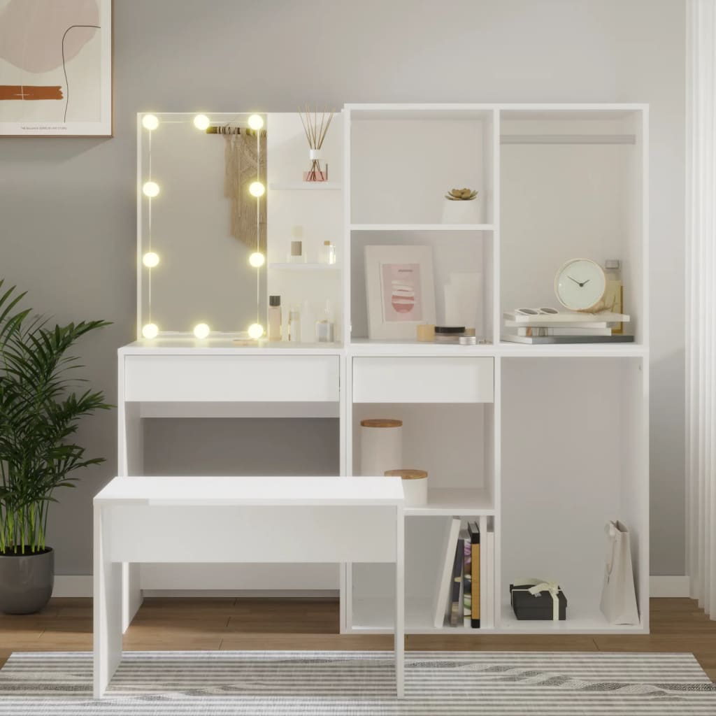 Schminktisch-Set mit LED Weiß Holzwerkstoff Schminktisch-Set mit LED Weiß Holzwerkstoff
