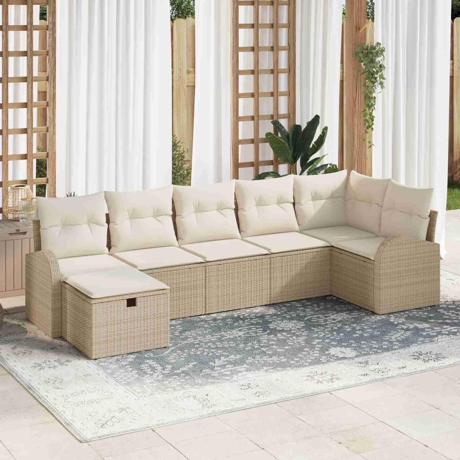 7-teiliges Garten Sofa Set mit Kissen Beiges Poly Rattan 7-teiliges Garten Sofa Set mit Kissen Beiges Poly Rattan