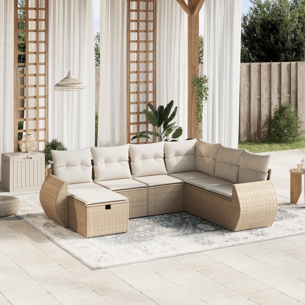 7-tlg. Garten-Sofagarnitur mit Kissen Beige Poly Rattan 7-tlg. Garten-Sofagarnitur mit Kissen Beige Poly Rattan