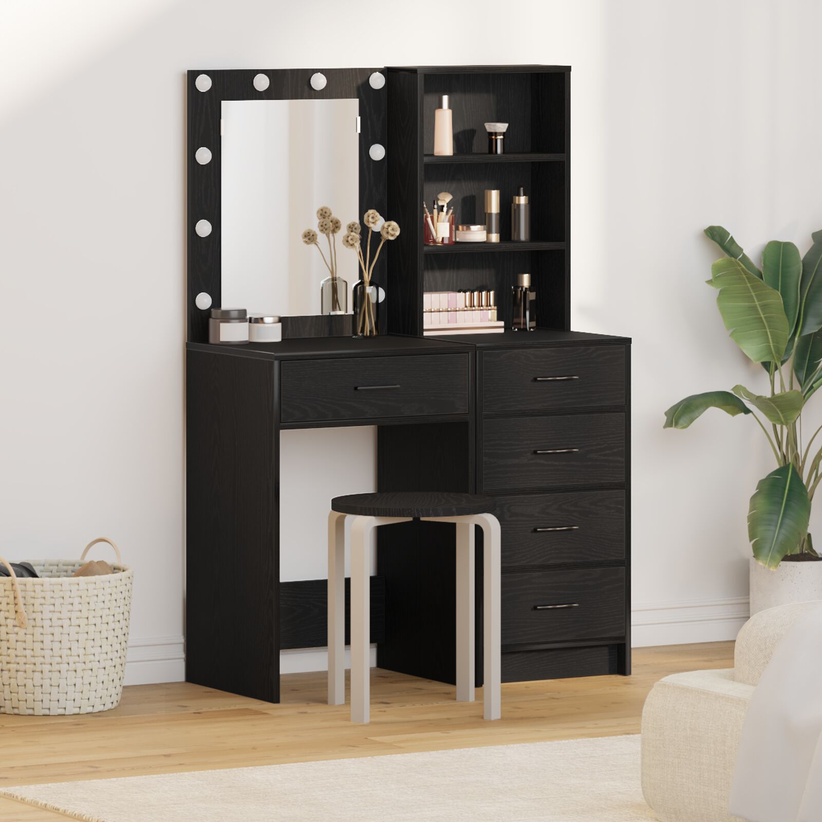 vidaXL 2-teiliges Schminktisch-Set mit LED Schwarz Holzwerkstoff
