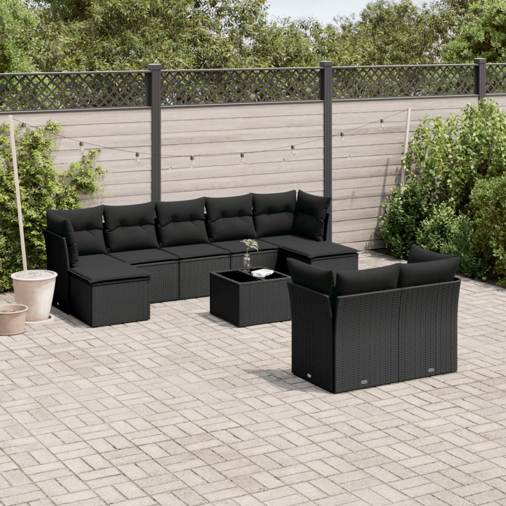10-tlg. Garten-Sofagarnitur mit Kissen Schwarz Poly Rattan 10-tlg. Garten-Sofagarnitur mit Kissen Schwarz Poly Rattan