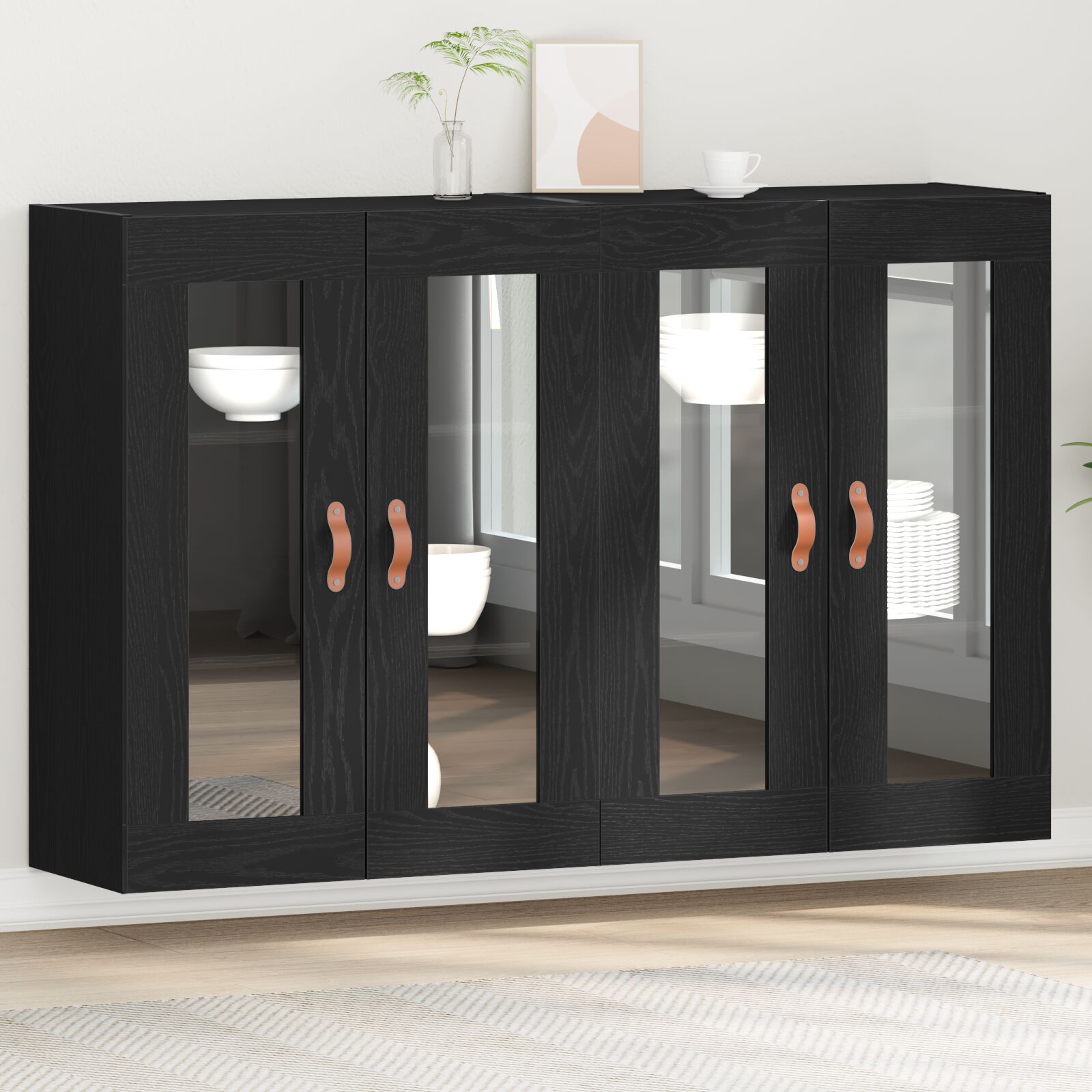 vidaXL Wandmontierter Schrank Set aus 2 Schwarze Eiche Massivholz, Glas