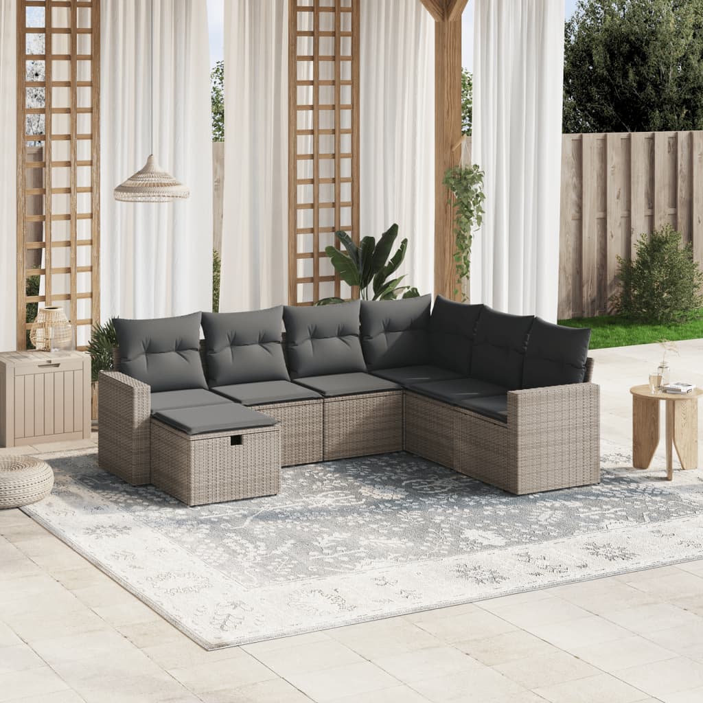7-tlg. Garten-Sofagarnitur mit Kissen Grau Poly Rattan 7-tlg. Garten-Sofagarnitur mit Kissen Grau Poly Rattan