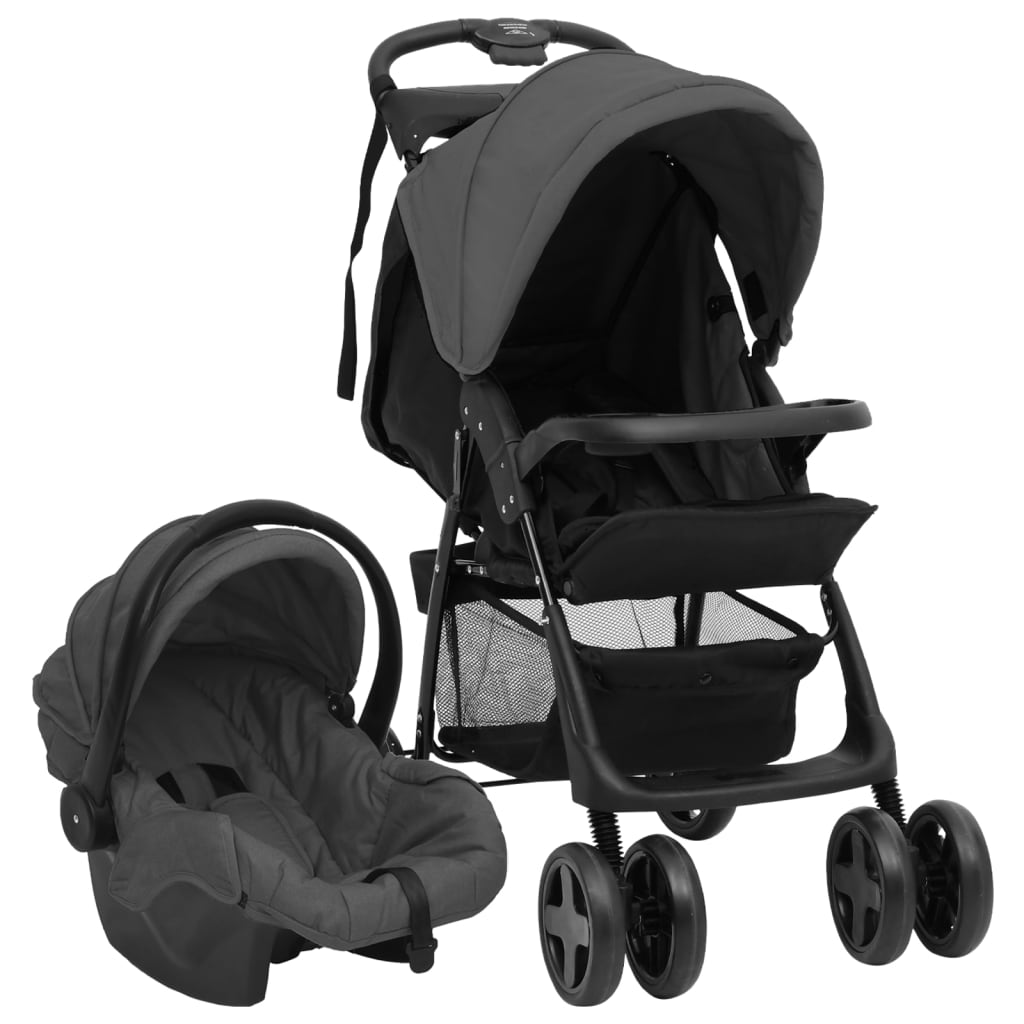 3-in-1 Kinderwagen Dunkelgrau und Schwarz Stahl 3-in-1 Kinderwagen Dunkelgrau und Schwarz Stahl