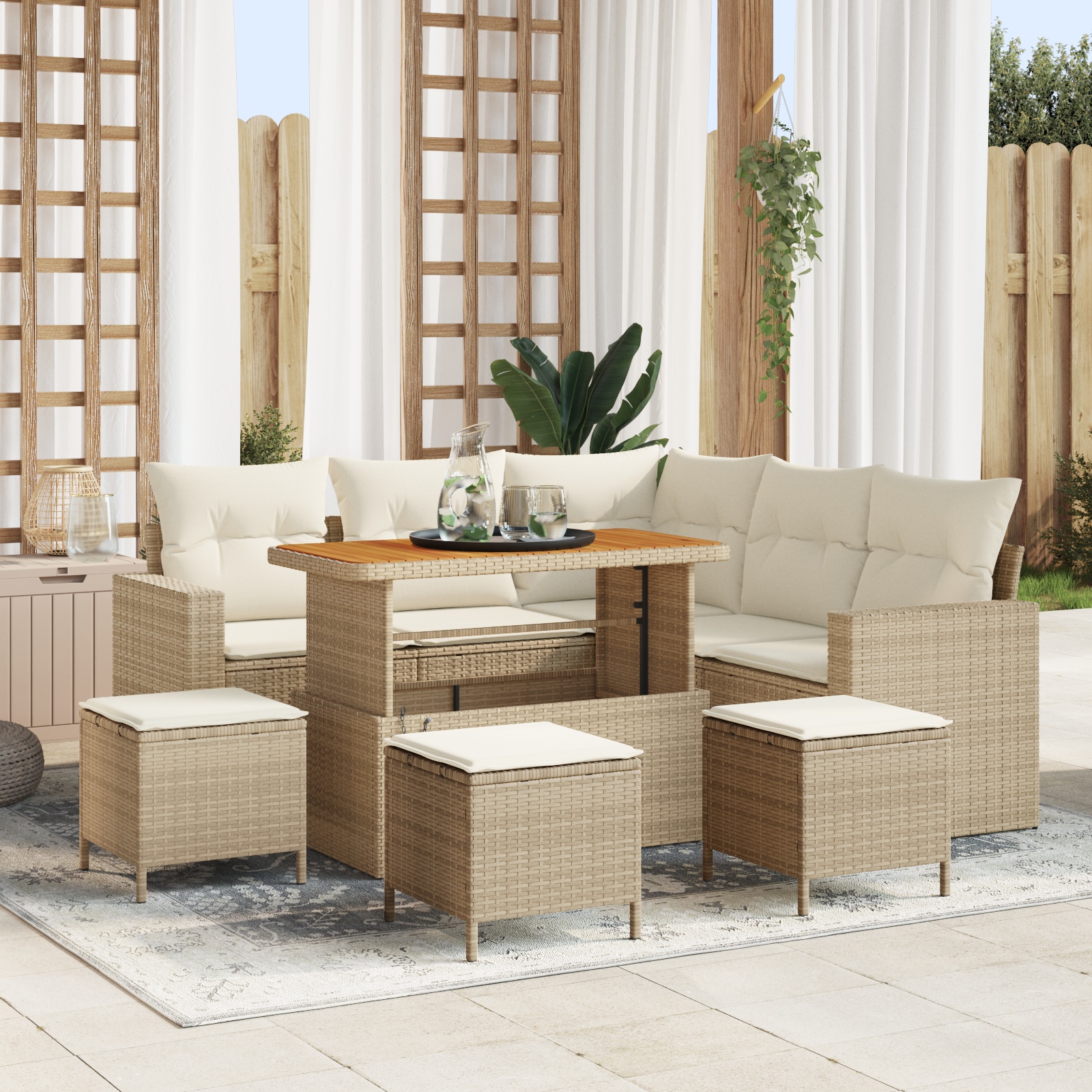 9-teiliges Garten Sofa Set mit Kissen Beige Poly Rattan Akazie 9-teiliges Garten Sofa Set mit Kissen Beige Poly Rattan Akazie