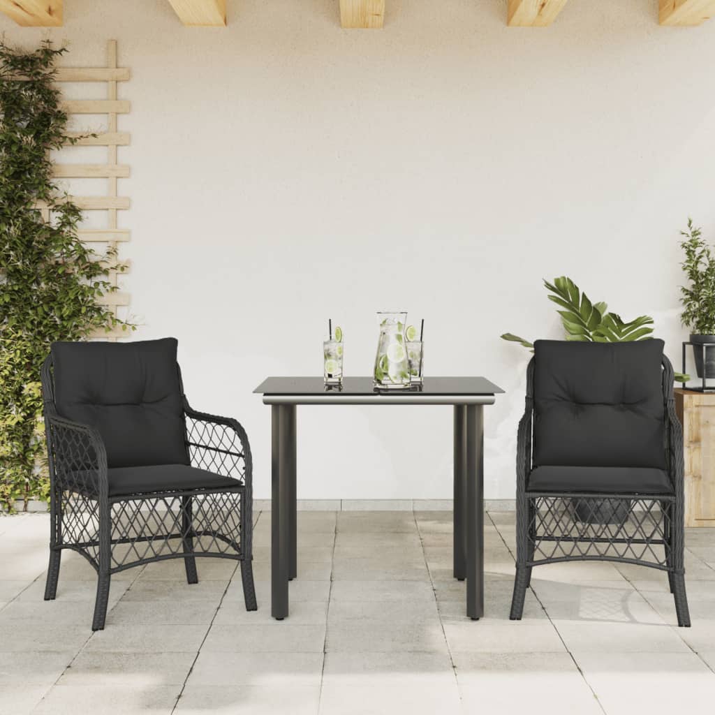 3-tlg. Bistro-Set mit Kissen Schwarz Poly Rattan 3-tlg. Bistro-Set mit Kissen Schwarz Poly Rattan