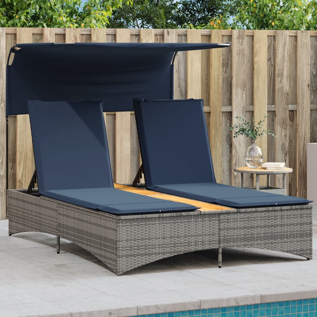 Doppel-Sonnenliege mit Dach und Kissen Grau Poly Rattan Doppel-Sonnenliege mit Dach und Kissen Grau Poly Rattan