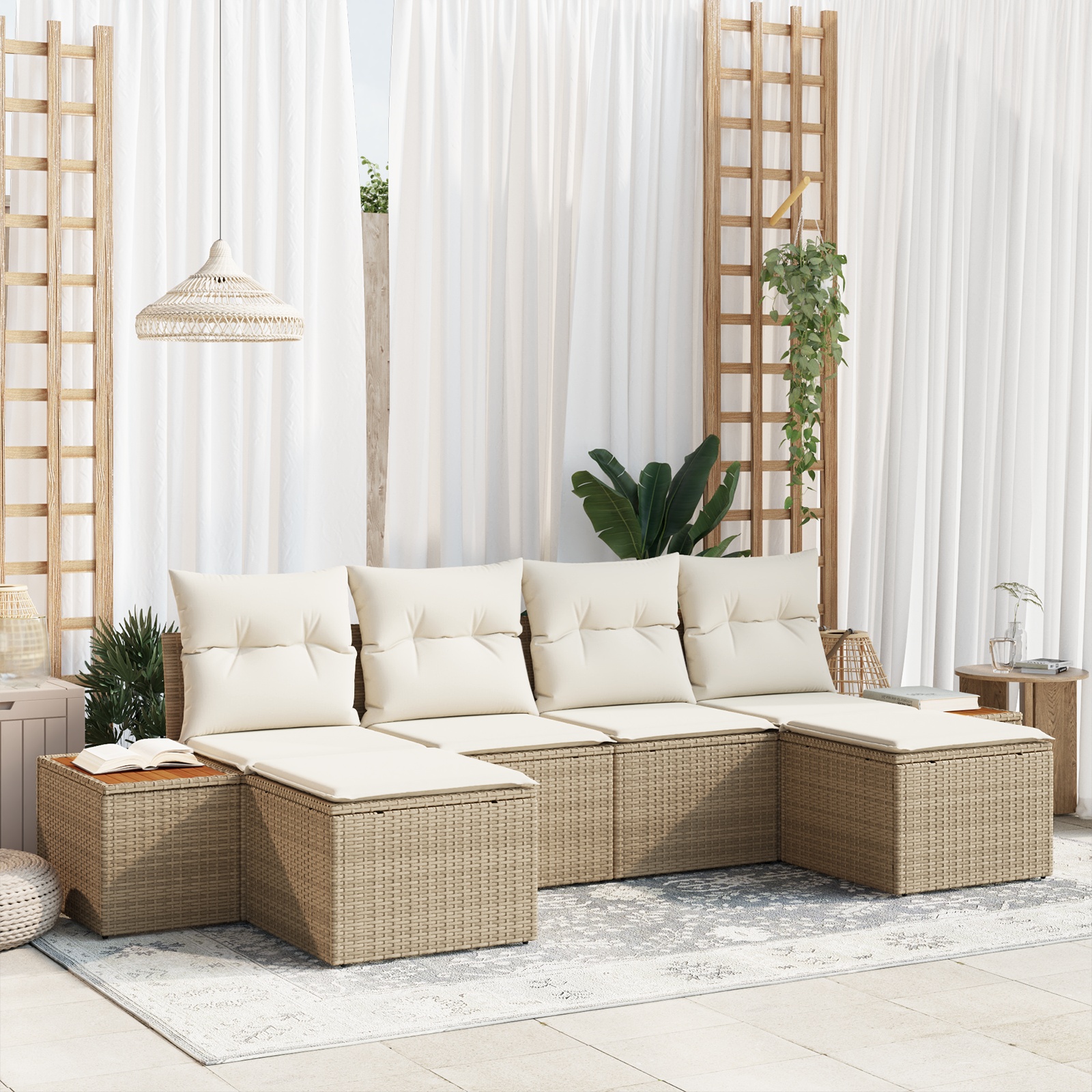 6-teiliges Garten-Sofa Set mit Kissen Beige Poly Rattan Akazie 6-teiliges Garten-Sofa Set mit Kissen Beige Poly Rattan Akazie