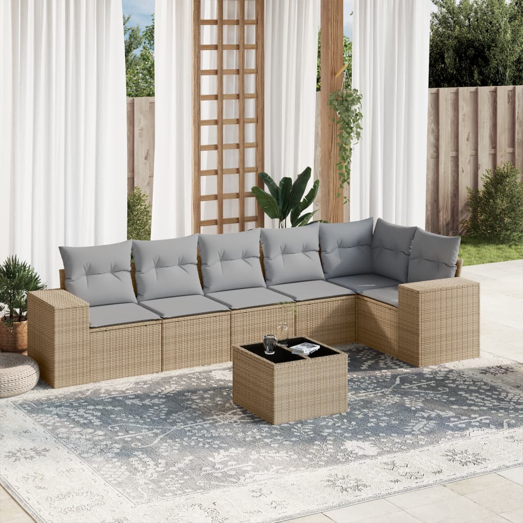 7-tlg. Garten-Sofagarnitur mit Kissen Beige Poly Rattan 7-tlg. Garten-Sofagarnitur mit Kissen Beige Poly Rattan
