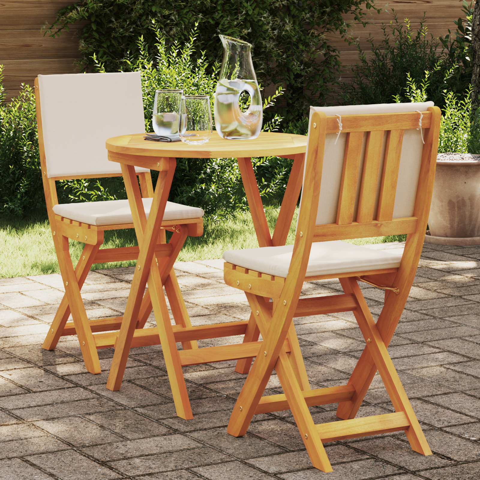 3-teiliges Faltbares Bistro-Set mit Kissen aus solidem Akazienholz 3-teiliges Faltbares Bistro-Set mit Kissen aus solidem Akazienholz