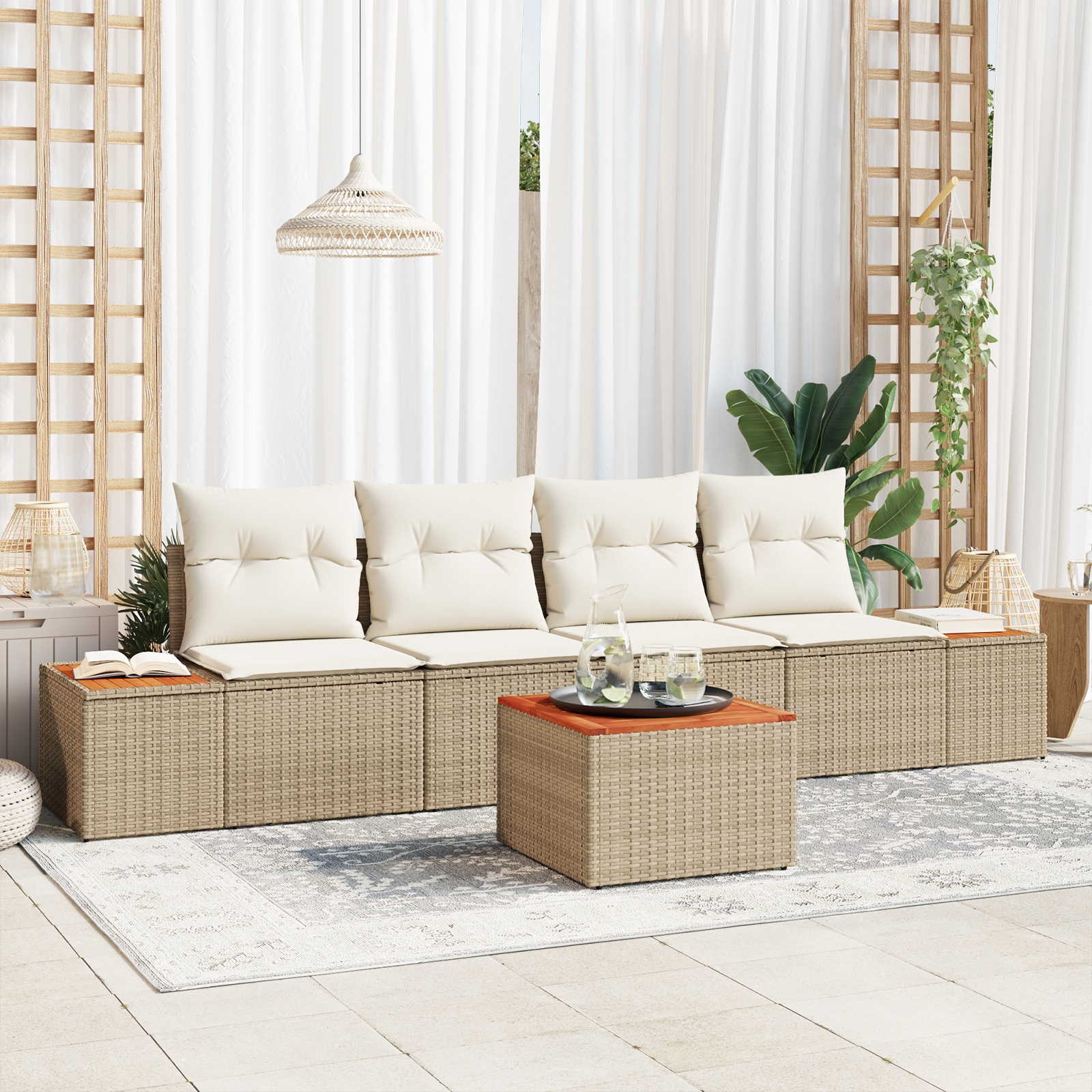 5-teiliges Garten Sofa Set mit Kissen Beige Poly Rattan Akazie 5-teiliges Garten Sofa Set mit Kissen Beige Poly Rattan Akazie