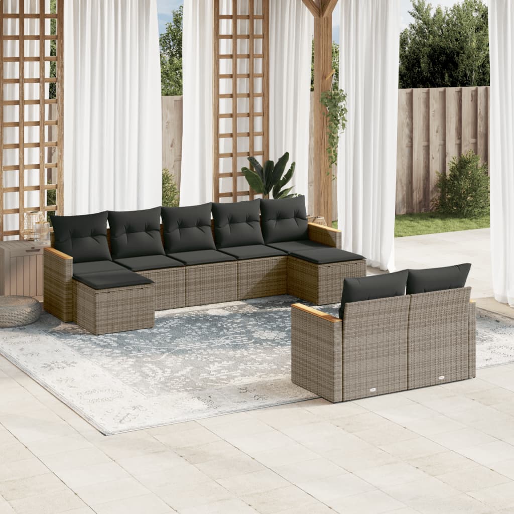 9-tlg. Garten-Sofagarnitur mit Kissen Grau Poly Rattan 9-tlg. Garten-Sofagarnitur mit Kissen Grau Poly Rattan