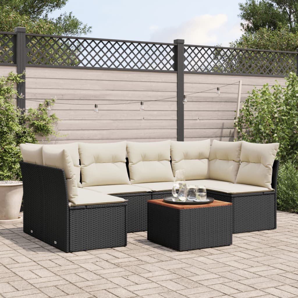 7-tlg. Garten-Sofagarnitur mit Kissen Schwarz Poly Rattan 7-tlg. Garten-Sofagarnitur mit Kissen Schwarz Poly Rattan
