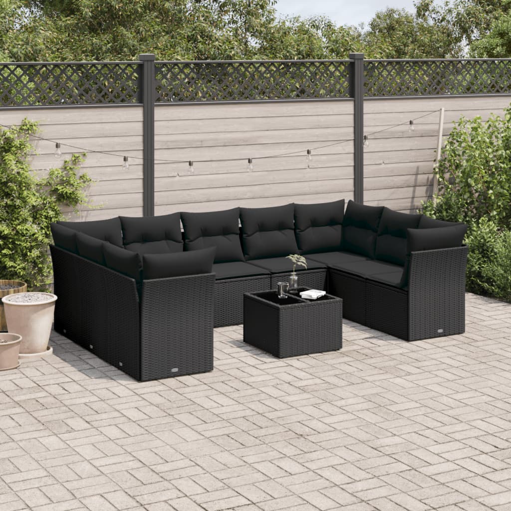 10-tlg. Garten-Sofagarnitur mit Kissen Schwarz Poly Rattan 10-tlg. Garten-Sofagarnitur mit Kissen Schwarz Poly Rattan
