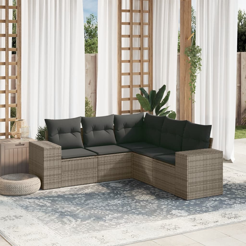 5-tlg. Garten-Sofagarnitur mit Kissen Grau Poly Rattan 5-tlg. Garten-Sofagarnitur mit Kissen Grau Poly Rattan