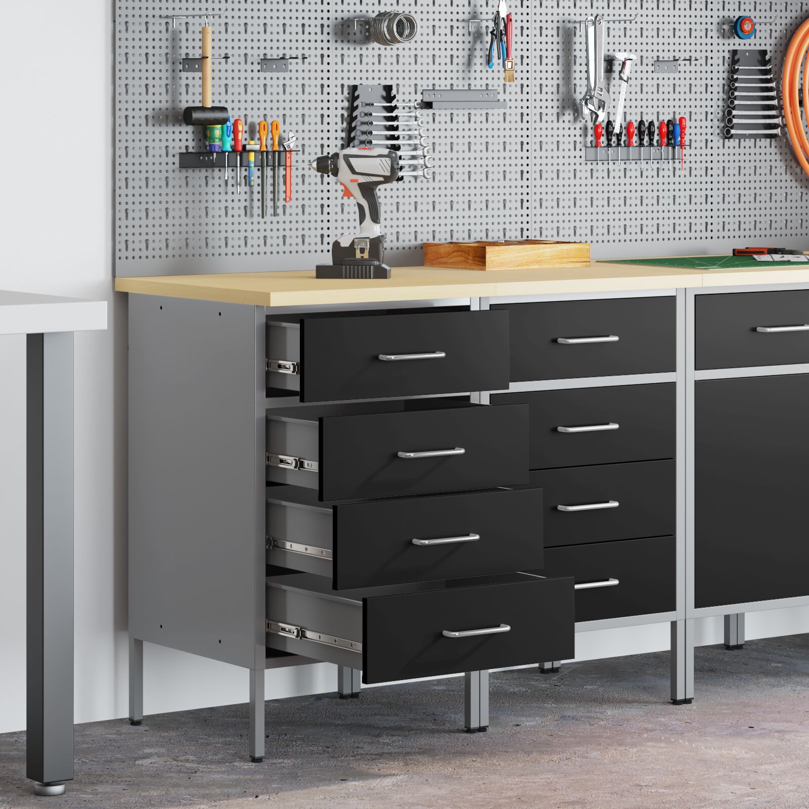 vidaXL Werkbank 2er Set Schwarz und Grau aus Holzwerkstoff und Stahl vidaXL Werkbank 2er Set Schwarz und Grau aus Holzwerkstoff und Stahl