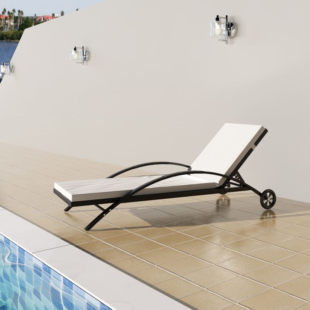 Sonnenliege mit Polster & Rollen Poly Rattan Schwarz Sonnenliege mit Polster & Rollen Poly Rattan Schwarz