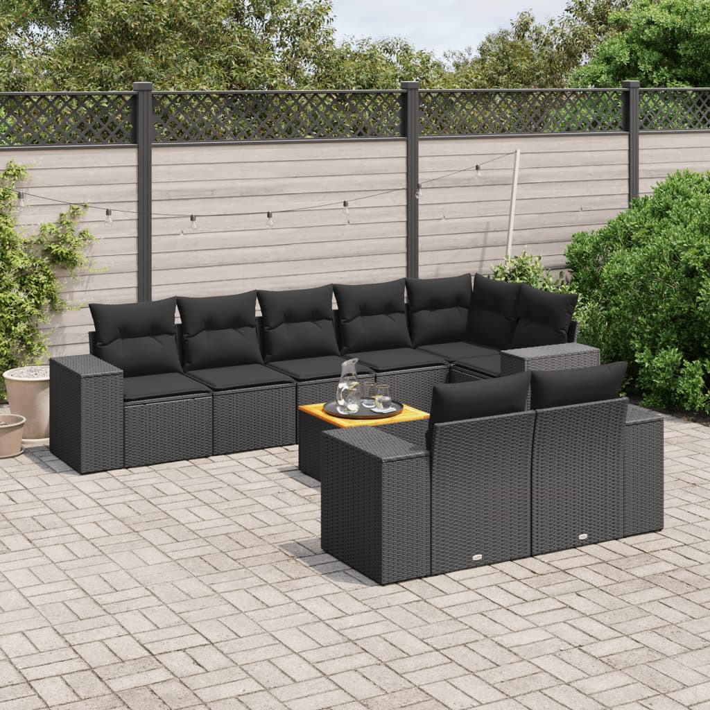 9-tlg. Garten-Sofagarnitur mit Kissen Schwarz Poly Rattan 9-tlg. Garten-Sofagarnitur mit Kissen Schwarz Poly Rattan