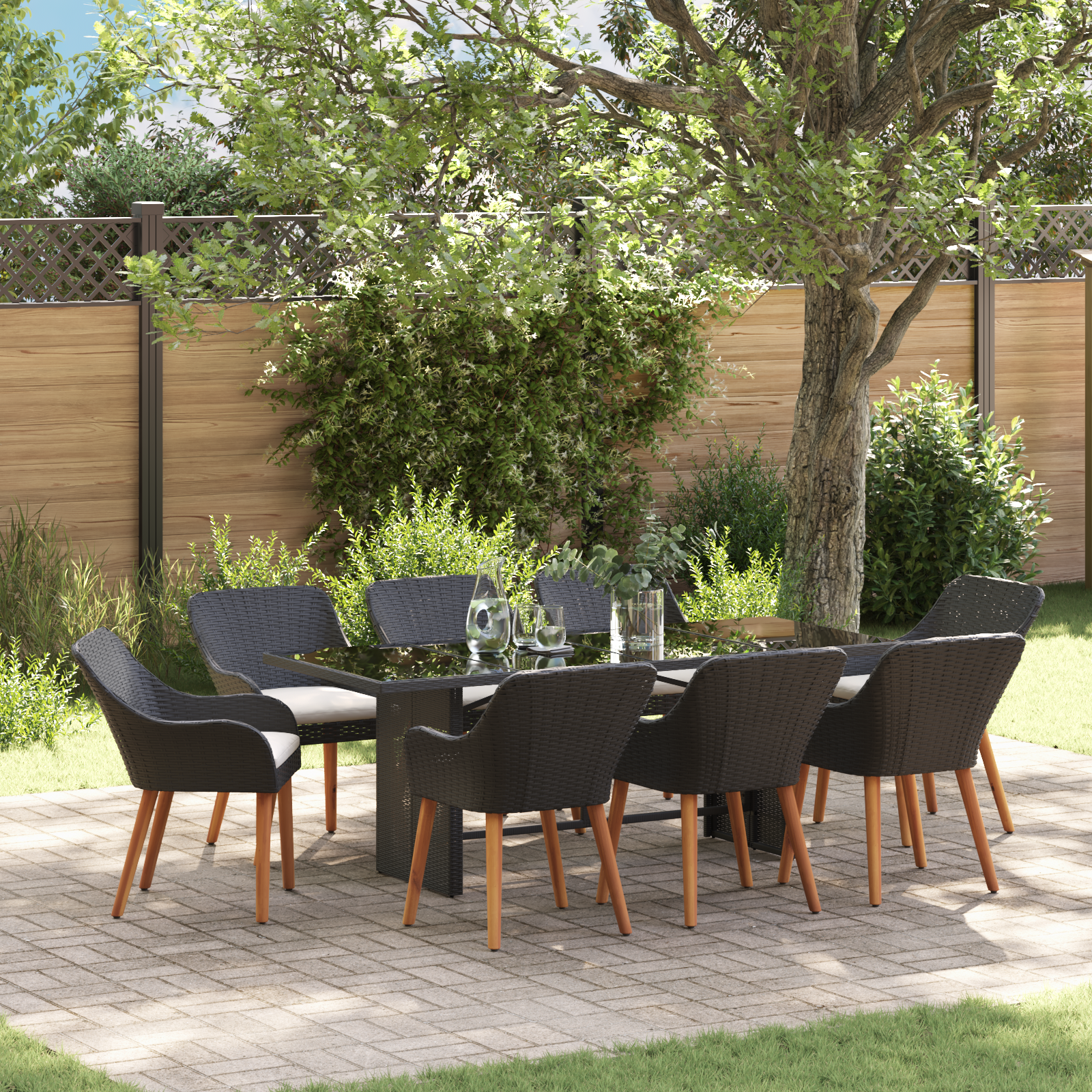 9-teiliges Garten Essset Schwarzes Poly-Rattan 9-teiliges Garten Essset Schwarzes Poly-Rattan