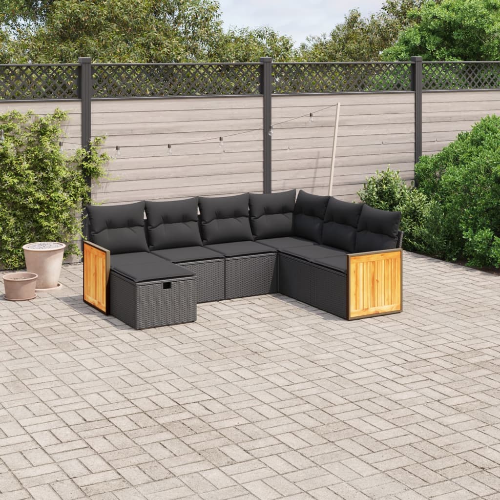 7-tlg. Garten-Sofagarnitur mit Kissen Schwarz Poly Rattan 7-tlg. Garten-Sofagarnitur mit Kissen Schwarz Poly Rattan
