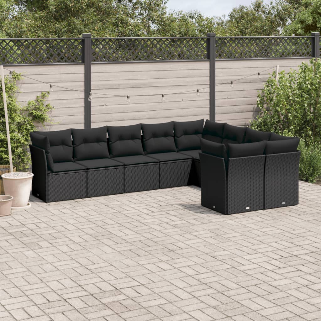 9-tlg. Garten-Sofagarnitur mit Kissen Schwarz Poly Rattan 9-tlg. Garten-Sofagarnitur mit Kissen Schwarz Poly Rattan